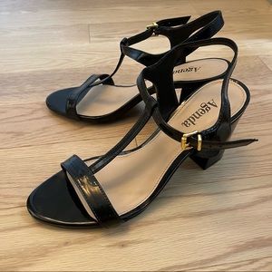 Agenda Patent Black Block Heel Sandals - Size 7.5